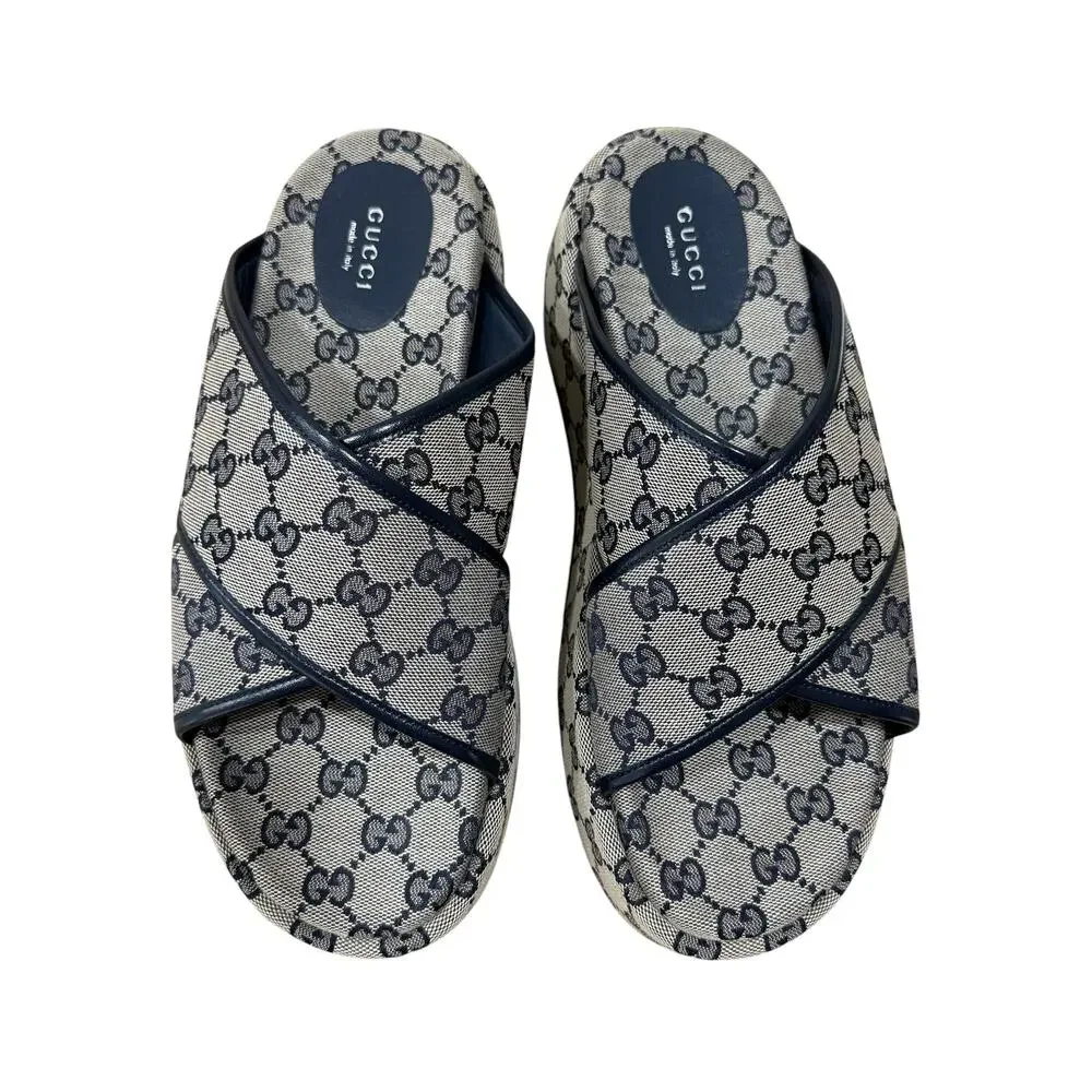 Gucci Beige Navy GG Canvas Slide Sandals EU 41 Women's Logo Flat Slides